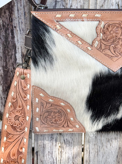 Lariat Luxe : Black and White Cowhide with Tooled Leather Design Handstrap and Removable Crossbody Strap