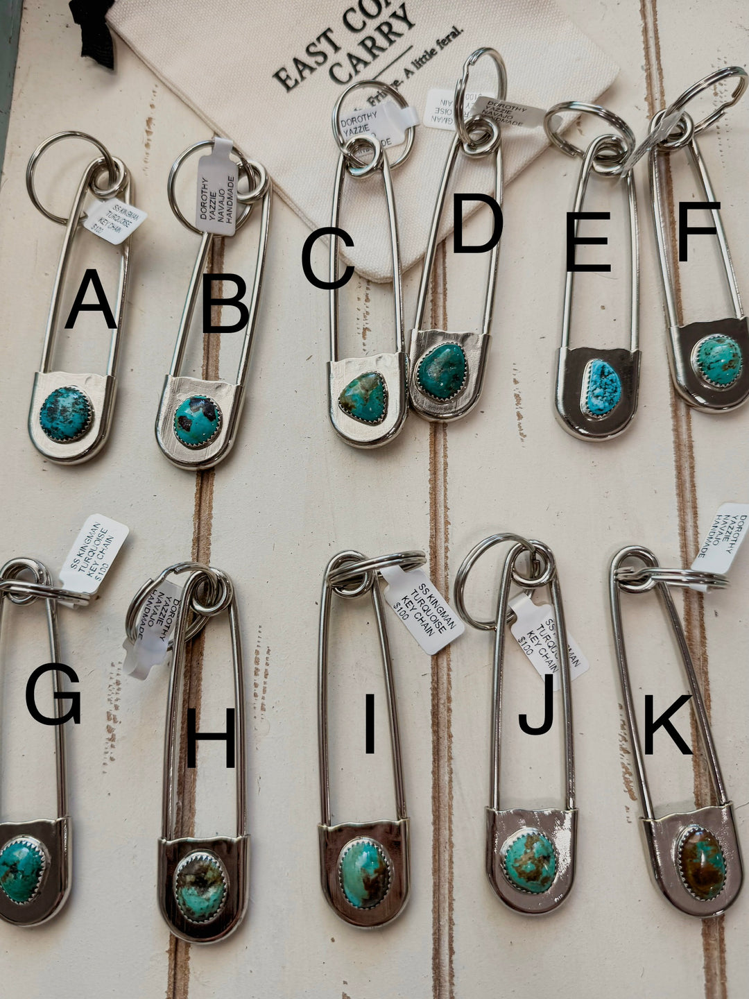 Dorothy Yazzie Kingman Turquoise Giant Safety Pin Keychain | Navajo Handmade