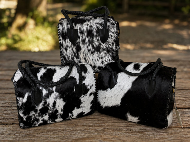 Soft & Strong™ Cowhide Satchel | Black & White Genuine Hair-On Hide Black Leather Handbag