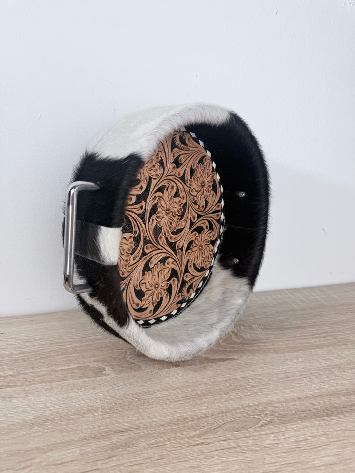 Cowhide & Tooled Leather Round Display Tray