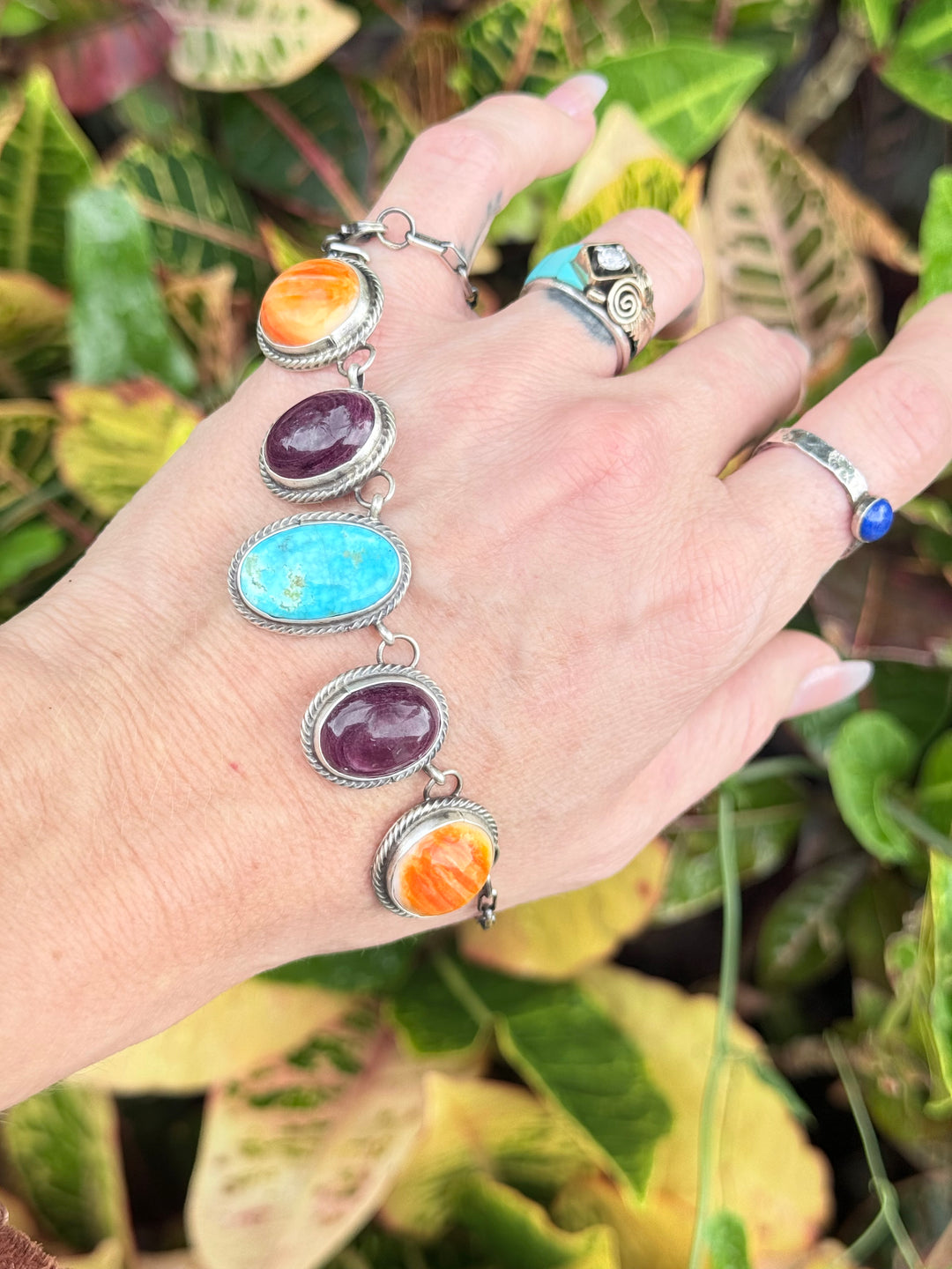 Sheila Tso Navajo Whitewater Turquoise, Purple and Orange Spiny Oyster Necklace