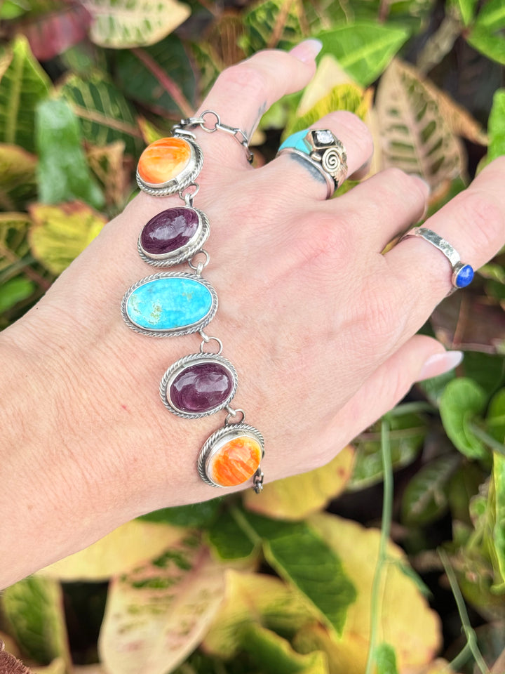 Sheila Tso Navajo Whitewater Turquoise, Purple and Orange Spiny Oyster Necklace