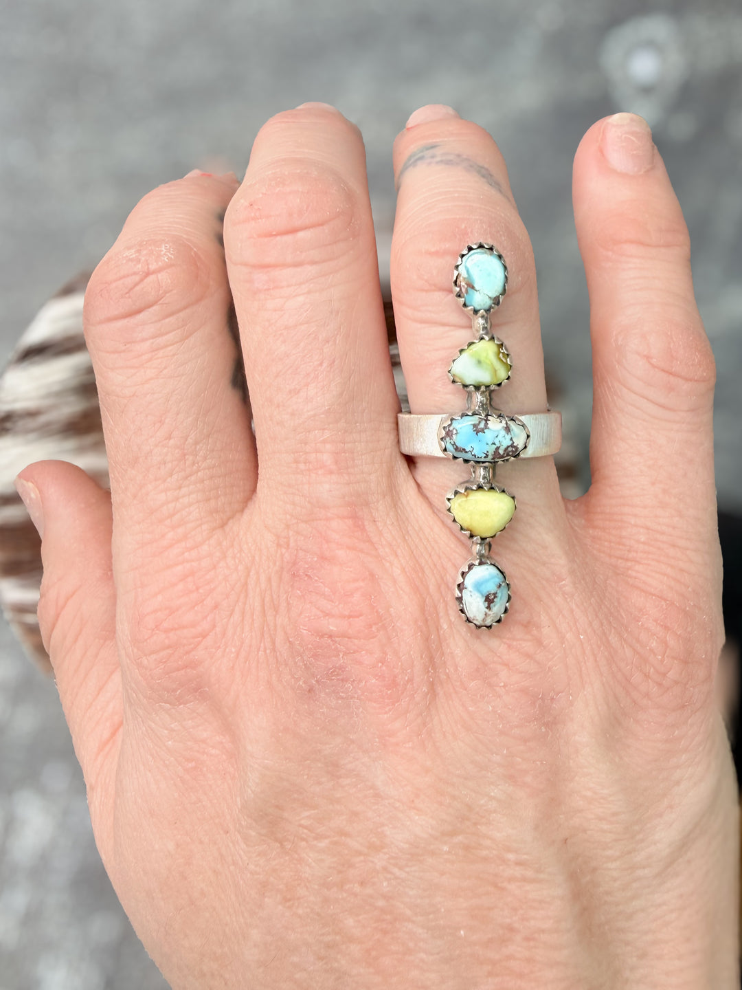 Palomino Variscite + Golden Hills Turquoise Sterling Silver Crawler Ring