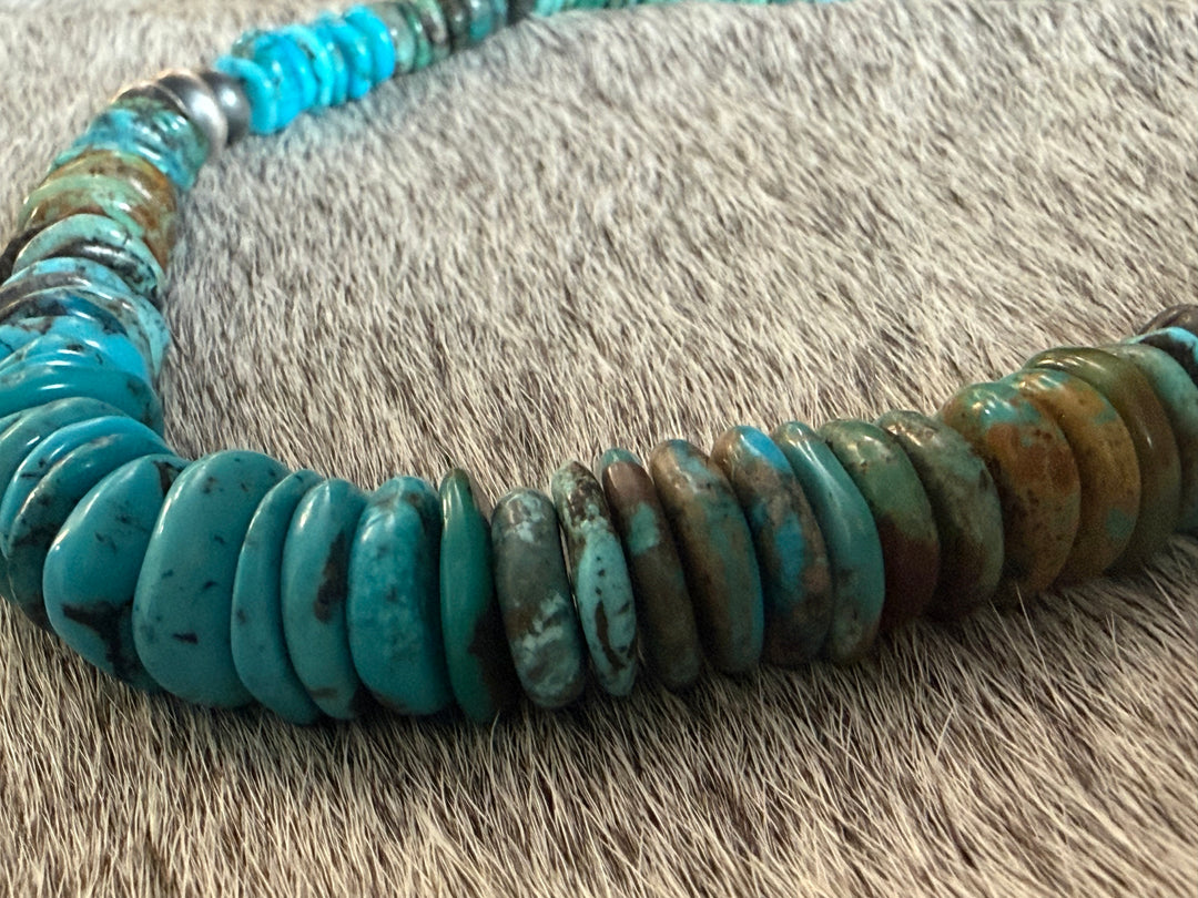 Navajo Turquoise Heishi & Sterling Silver Pearl Necklace – Handmade 19.5” – By Mason Lee