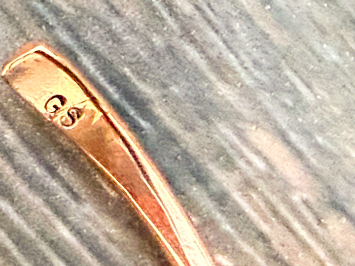 Native American Navajo handmade copper cuff bracelet with Kingman turquoise by Glen Sandoval showing GS Halmark Signature