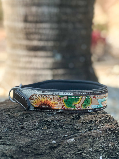 DESERT WANDERER 2 (L) hand tooled painted design and cowhide dog collar