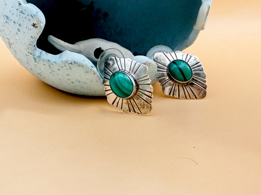 VINTAGE stamped Malachite & Sterling Silver earrings