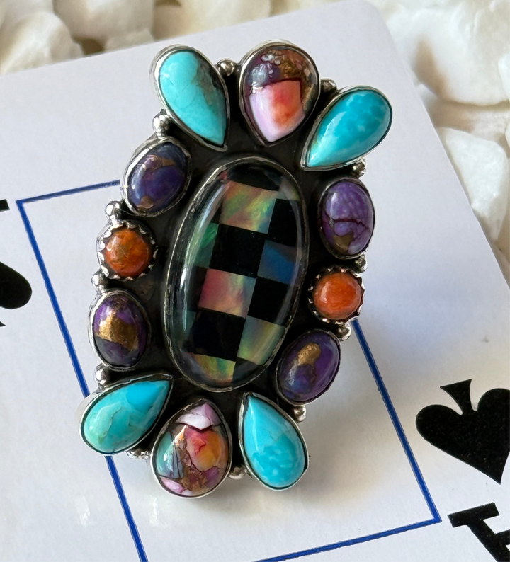 Southwestern 925 Handcrafted Mosiac Onyx, Turquoise, Spiny Oyster Asjustable Ring