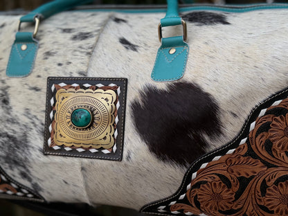 Terminal to Trail : Turquoise Leather & Cowhide Duffel Bag