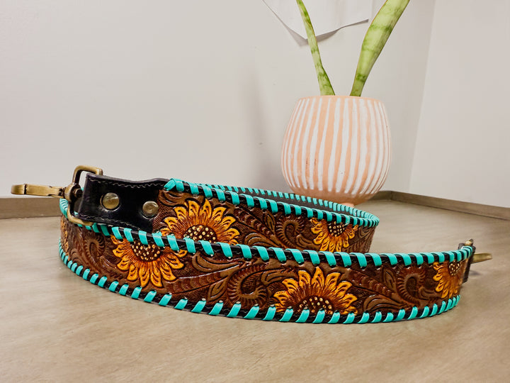 Wild Sunflower Western Tooled Leather Crossbody Strap