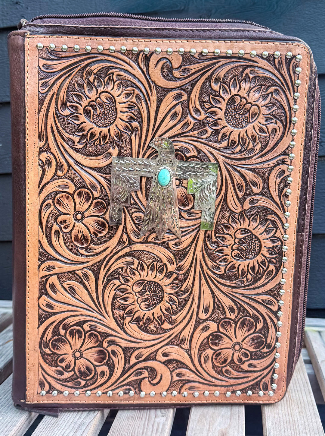 Western Tooled Leather Zipper Padfolio | 1” Ring Binder & Work Organizer