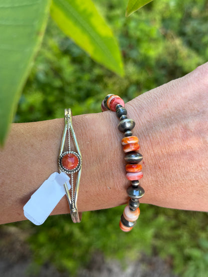 7” Machine made Sterling Silver bead & Spiny Oyster Bracelet, Navajo strung “Navajo Pearl Bracelet”