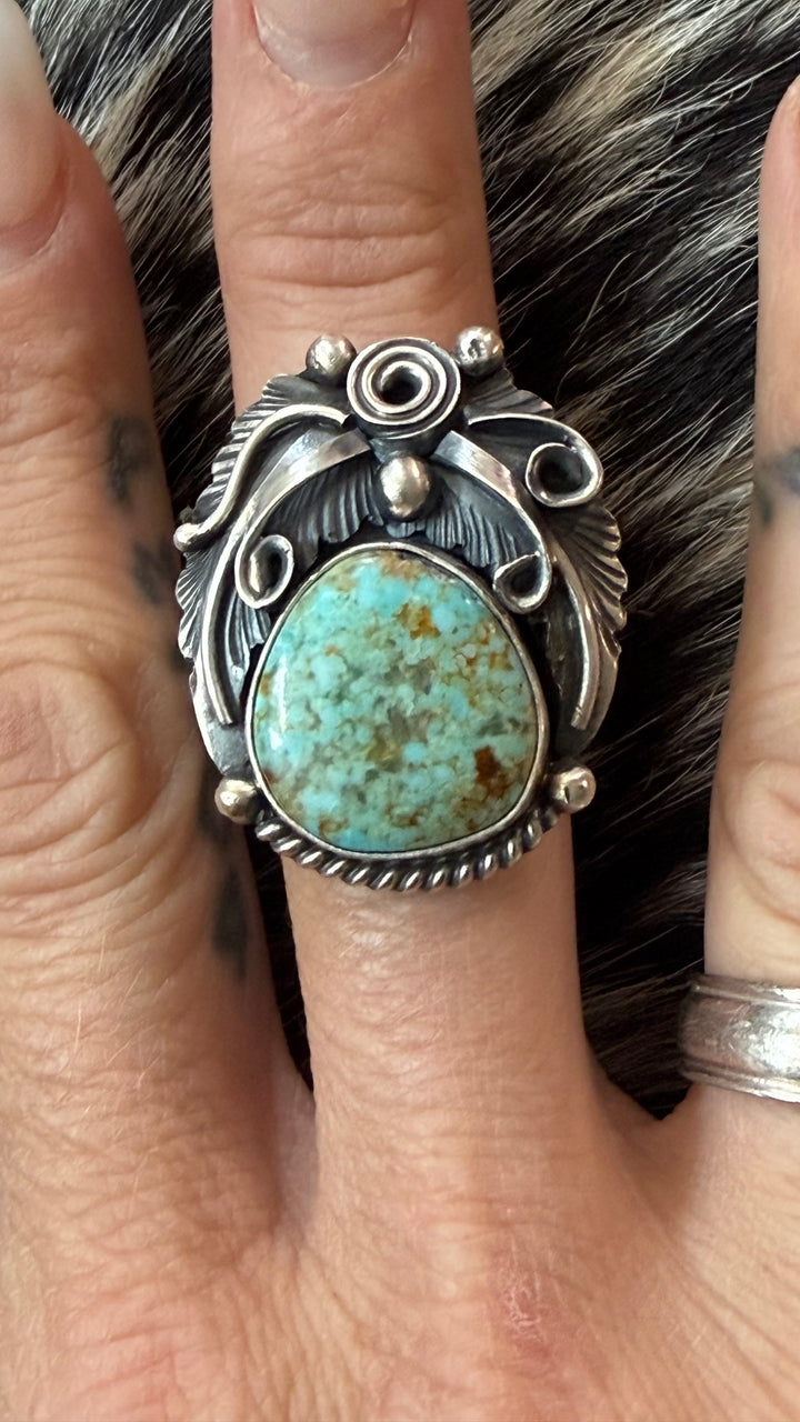 Navajo Jimmy Lee Mine #8 Turquoise Sterling Silver Adjustable Statement Ring