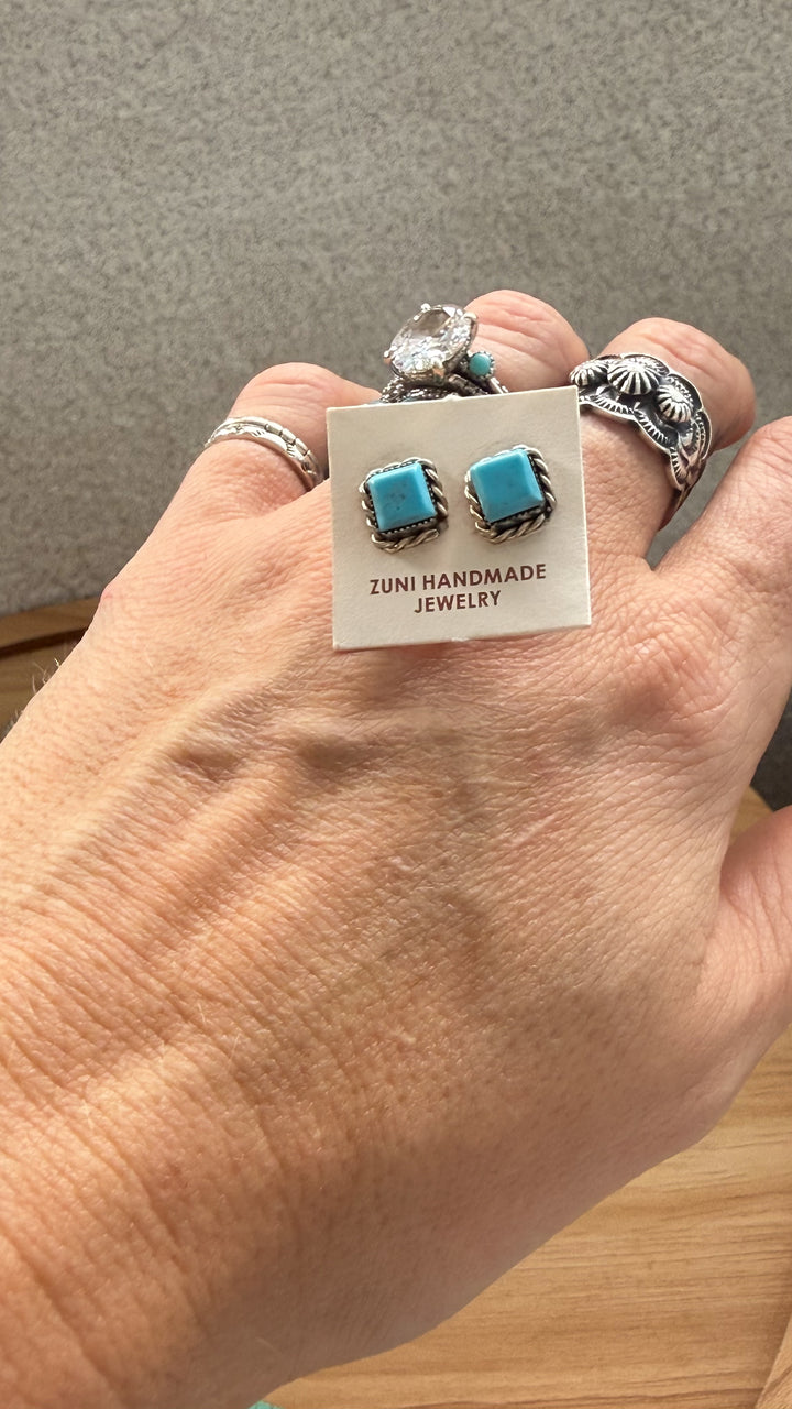 Zuni Handmade Kingman Turquoise Stud Earrings | 8mm Sterling Silver Turquoise Studs | Native American Jewelry
