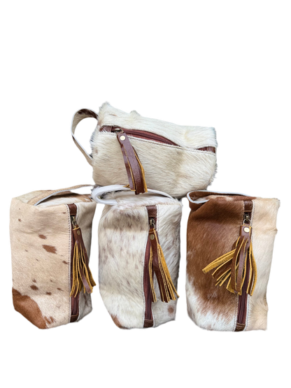 Brown/Tan Cowhide & Leather Travel Cosmetic Bag | Zipper Toiletry Case