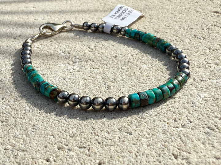 Navajo machine made pearl and Kingman Turquoise Bracelet with Lobster Clasp Closure East Coast Carry 