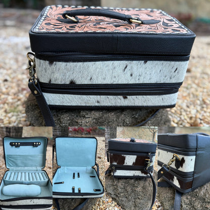 The Double Decker: Large Cowhide and Tooled Leather Jewelry Case