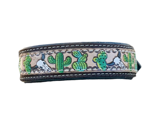 Trail Blazer : (M/L) Cowhide and Hand Tooled Leather Hand Painted Bull Cactus Design Dog Collar