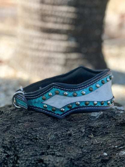 TURQUOISE OUTLAW (L) hand tooled leather and cowhide studded dog collar