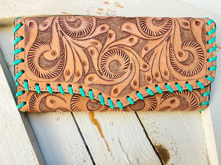 Tooled & Fancy Clutch | Hand Tooled Western Leather Wallet Clutch with Turquoise Whipstitch, Phone-Fit Oversized Wallet