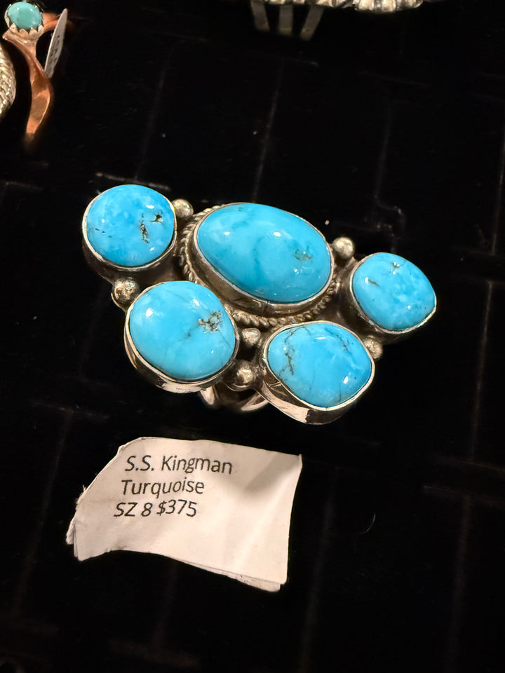 Navajo Handmade Kingman Turquoise Half Cluster Ring | Rita Dawes | Sterling Silver | Size 8
