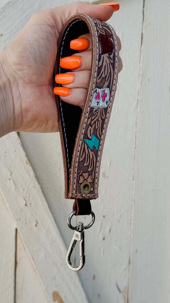 Punchy Hand Tooled and Hand Painted Leather Key Chain Wristlet