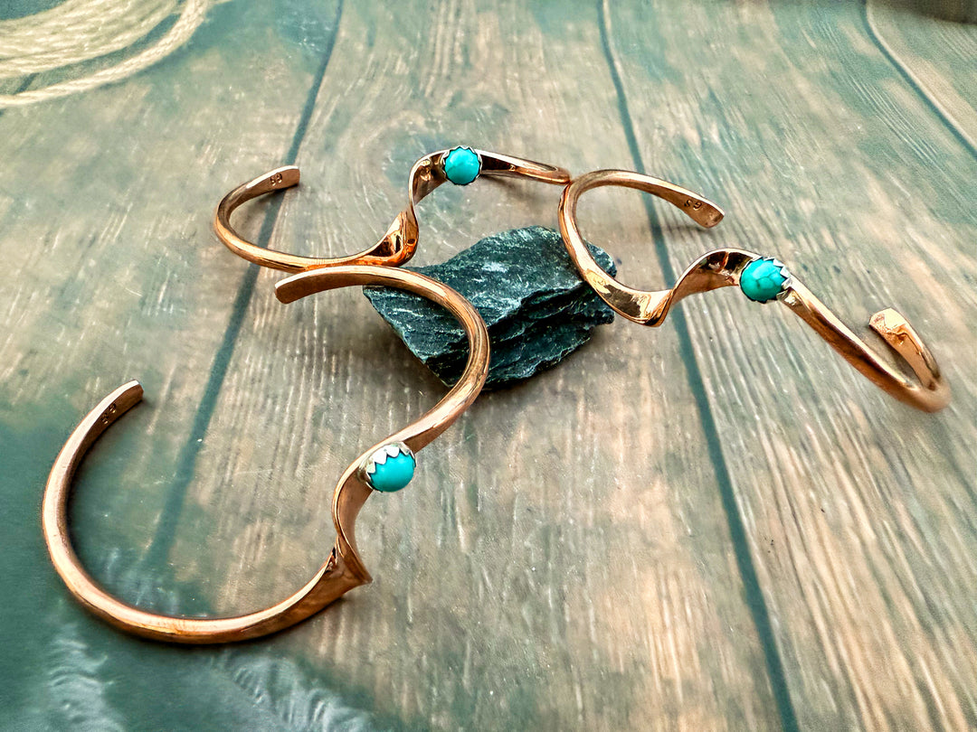 Native American Navajo handmade copper cuff bracelets with Kingman turquoise by Glen Sandoval
