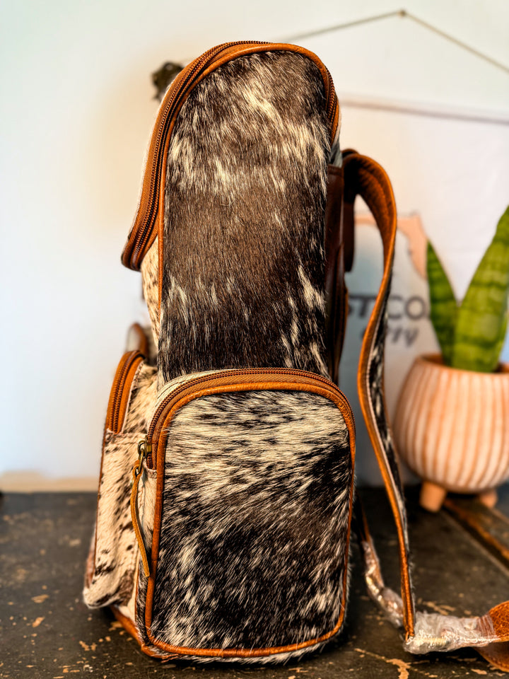 The Bubba Bag: Hair on Cowhide Full Grain Leather All Adventures Backpack in Black White Grey Speckled Hide