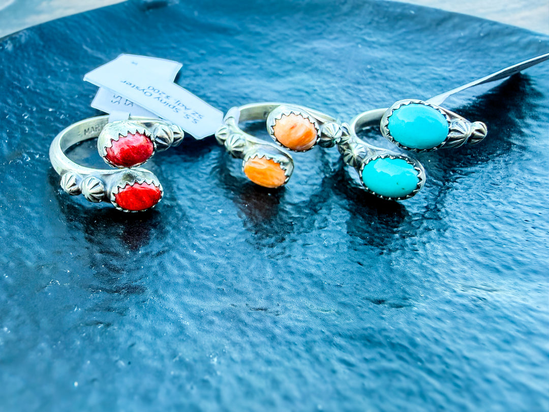 Authentic Navajo handmade sterling silver bypass rings coral spiny oyster turquoise