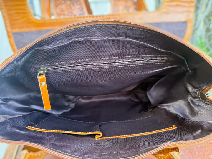 Tooled Leather Cowhide Backpack | Diaper or Work Bag Style + Hidden Back Pocket