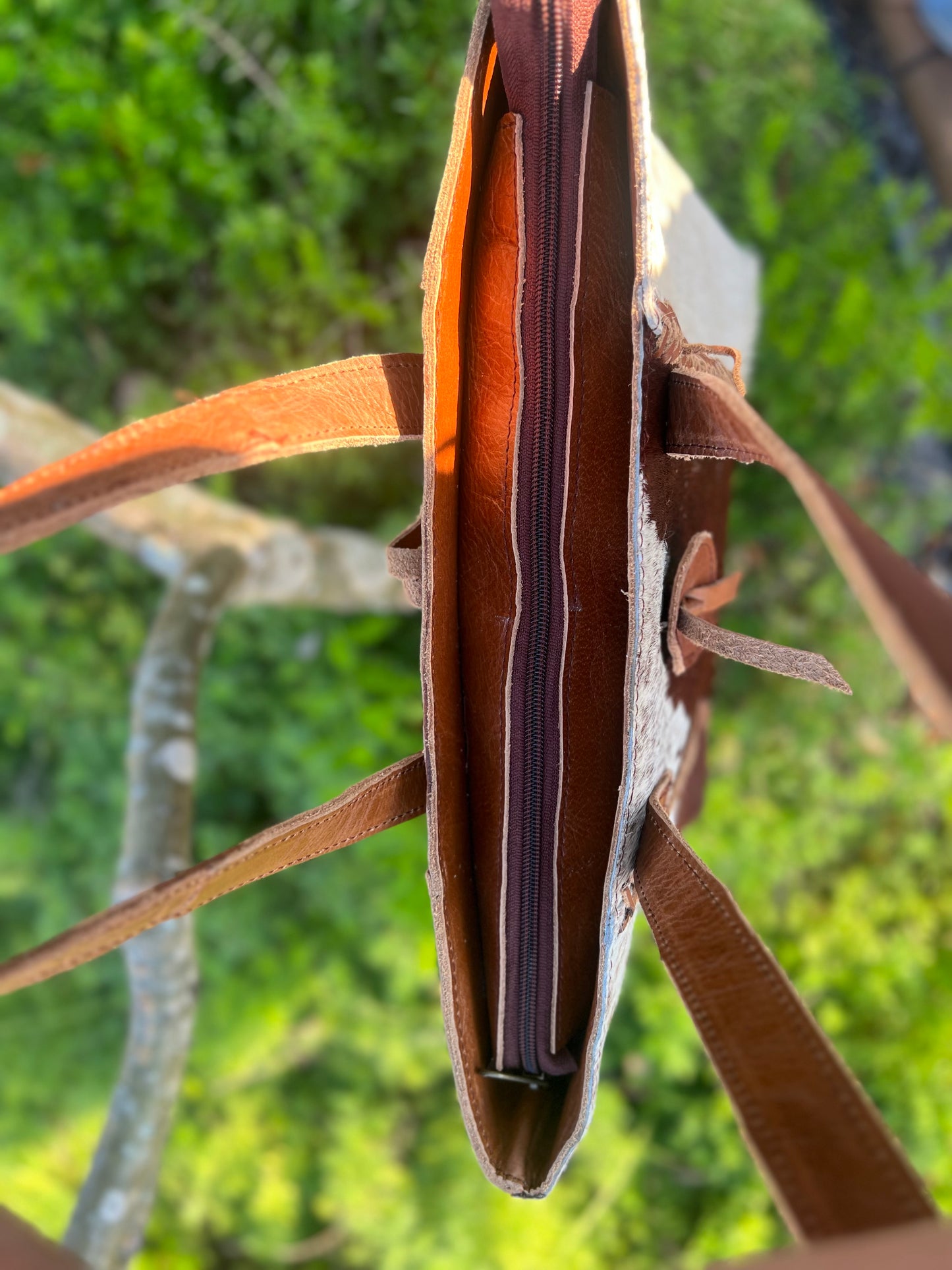 Cowhide leather tote in brown