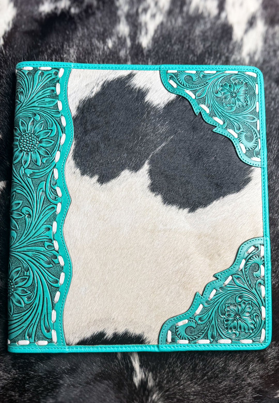 Genuine Leather Cowhide Padfolio | Turquoise Tooled Leather Portfolio Folder | Executive Portfolio Organizer