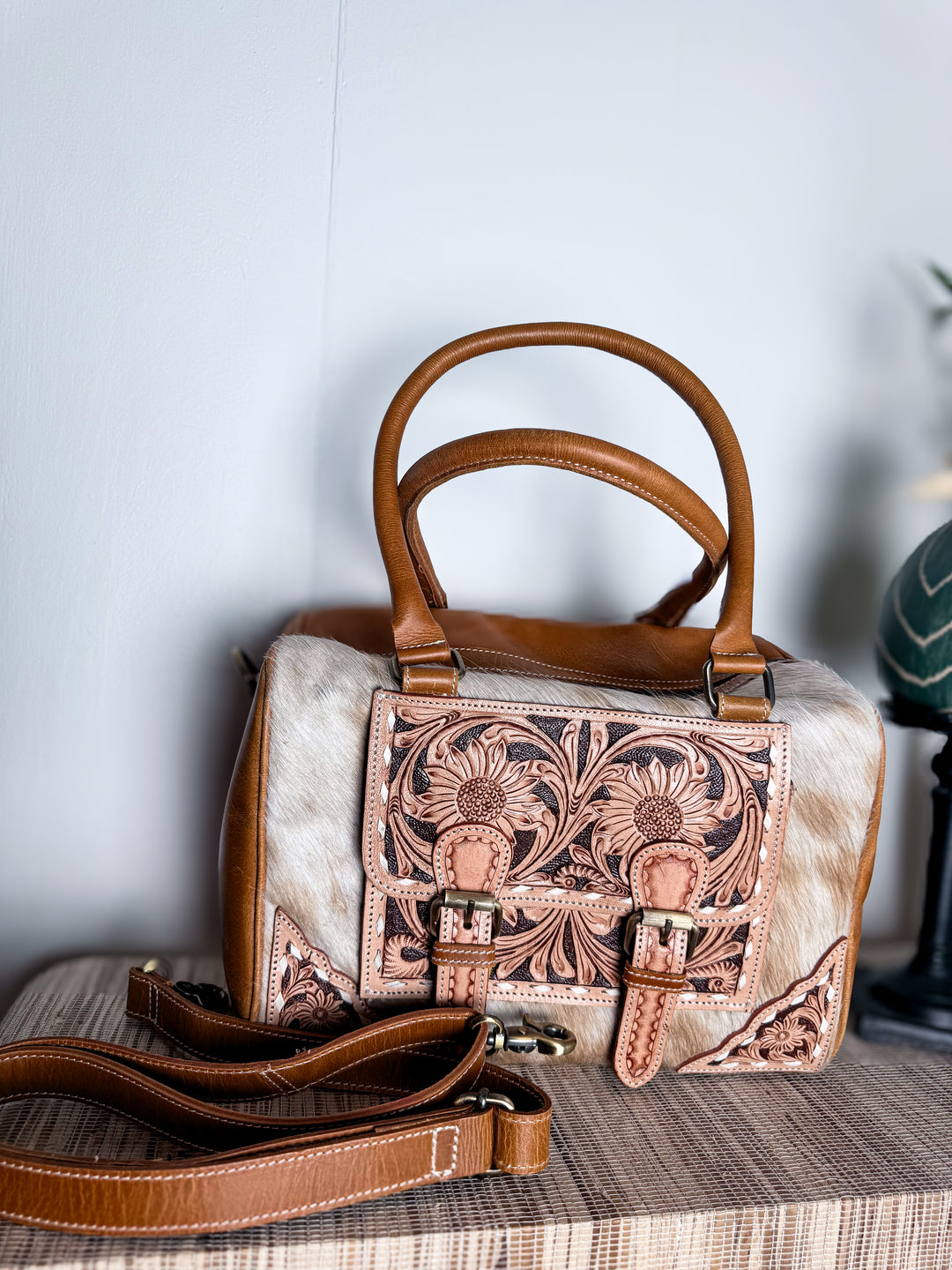 Cowhide Leather Doctor Bag | Tooled Leather Large Handbag with Crossbody Strap