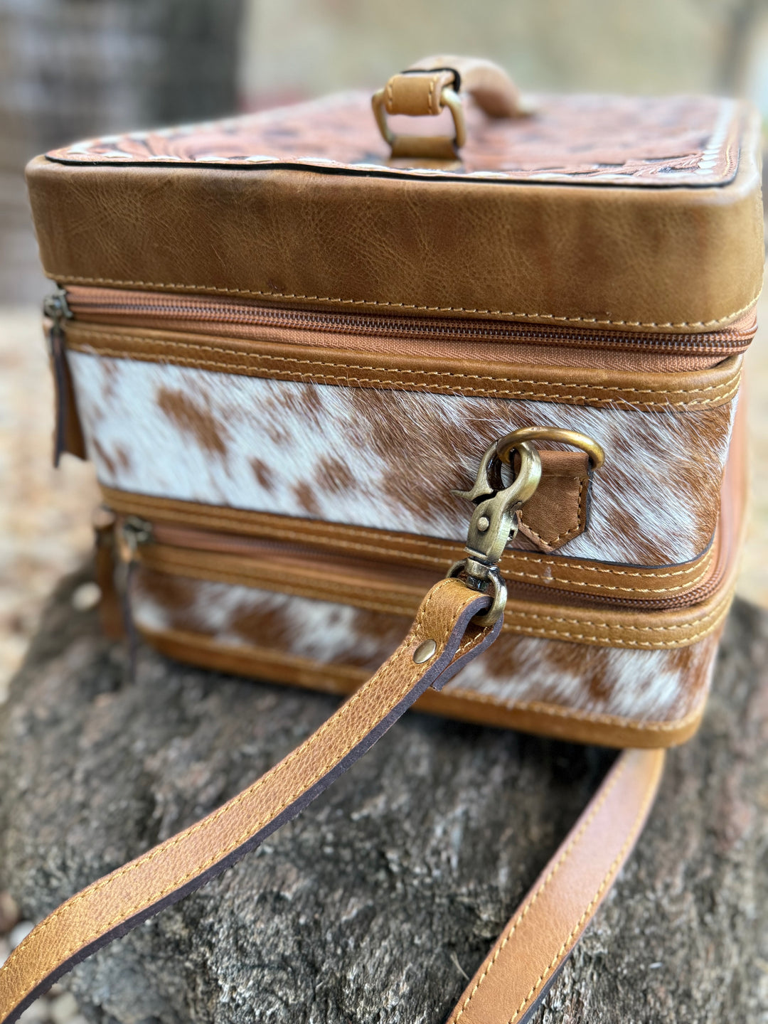 The Double Decker in Tan | Large Tan and White Cowhide and Tooled Leather Jewelry Case