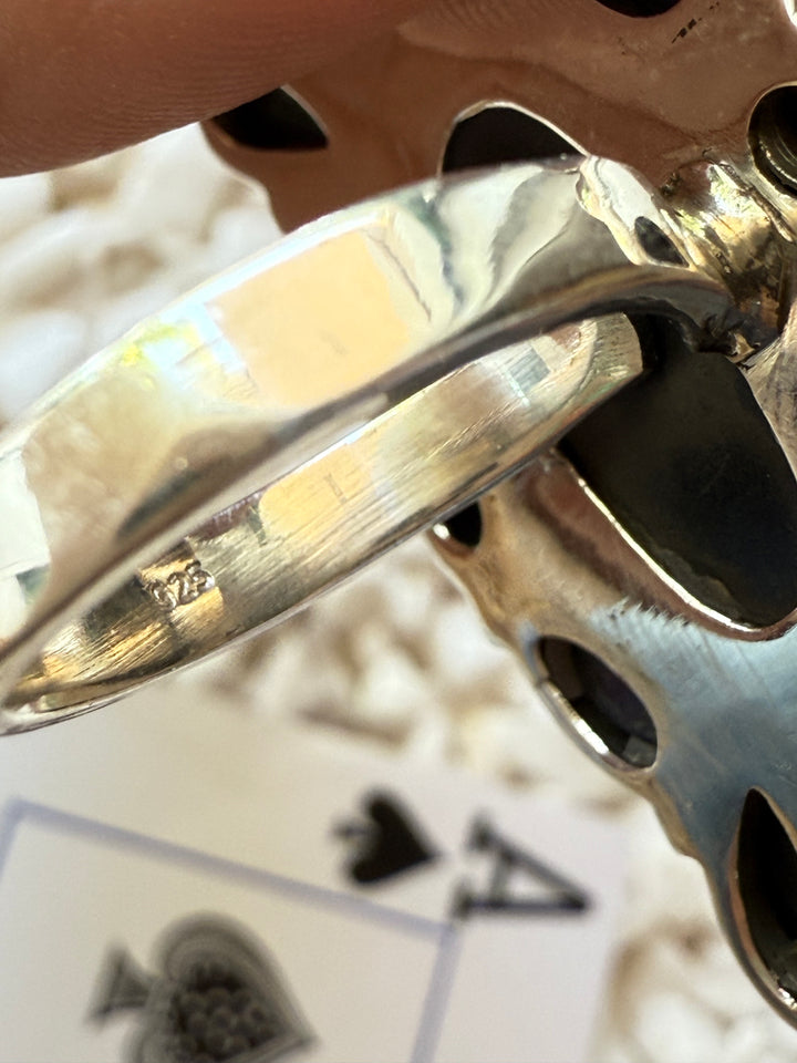 Southwestern 925 Handcrafted Mosiac Onyx, Turquoise, Spiny Oyster Asjustable Ring