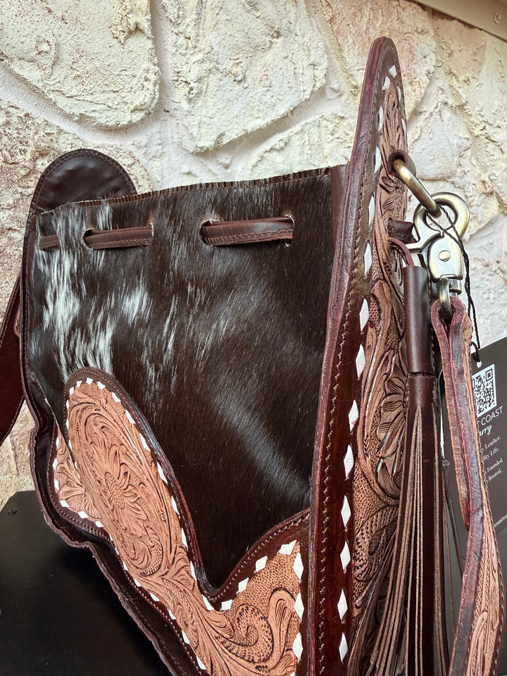 Shotgun Rider Bucket Bag | Cowhide Bucket Bag with Tooled Leather – Western Crossbody Purse – Hair-On Hide Shoulder Bag