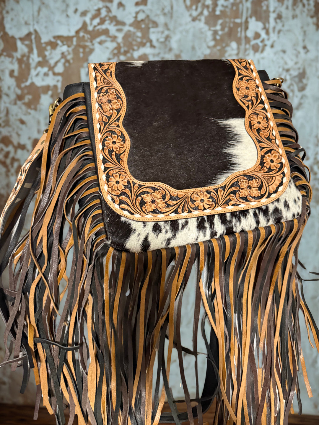 The Renegade | Cowhide Fringe Leather Crossbody Bag with Tooled Strap