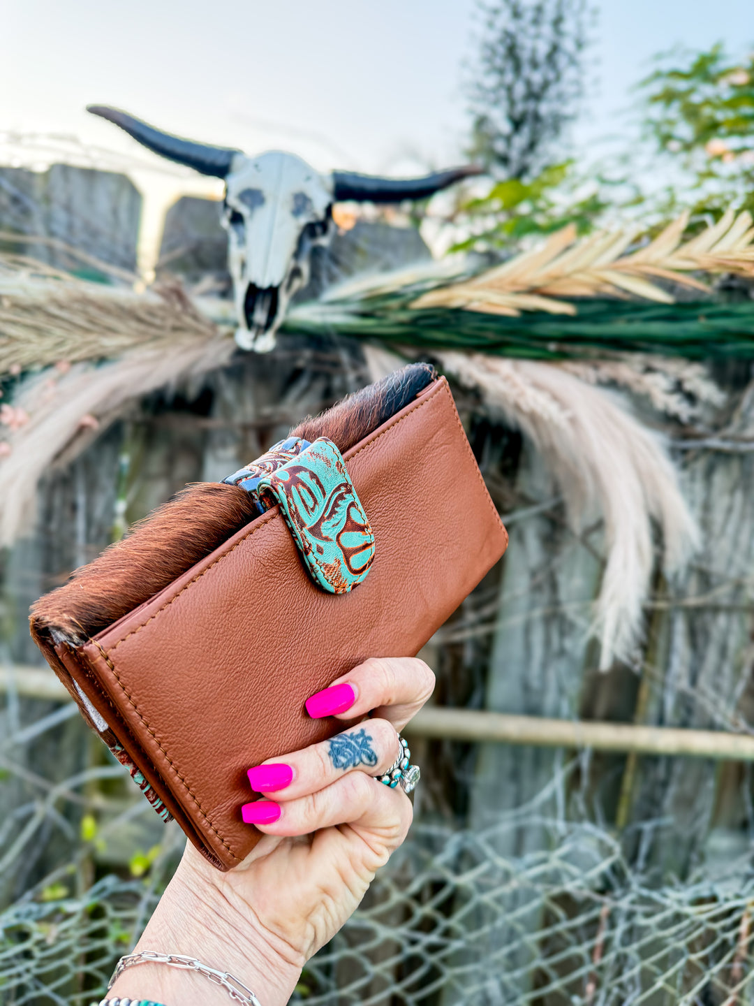Feminine cowhide phone wallet clutch with turquoise tooled snap