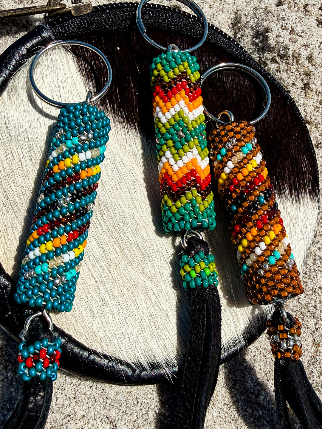 Handmade Navajo Beaded Keychain | Western Bag Charm w/ Leather Fringe