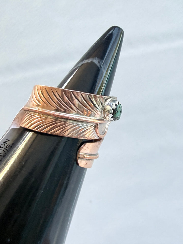 Aaron Davis Navajo Handmade Turquoise & Copper Feather Bypass Ring