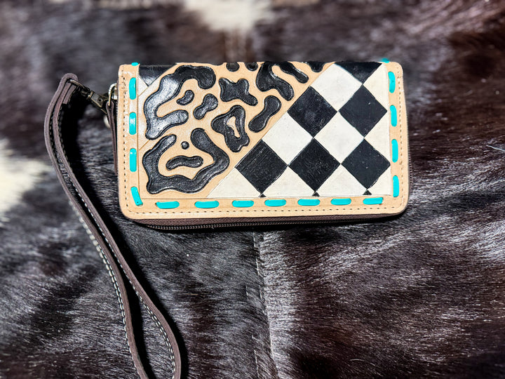 Royston Punch | Hand-Tooled Black & White Checkered Cheetah Turquoise Leather Phone Wallet Wristlet