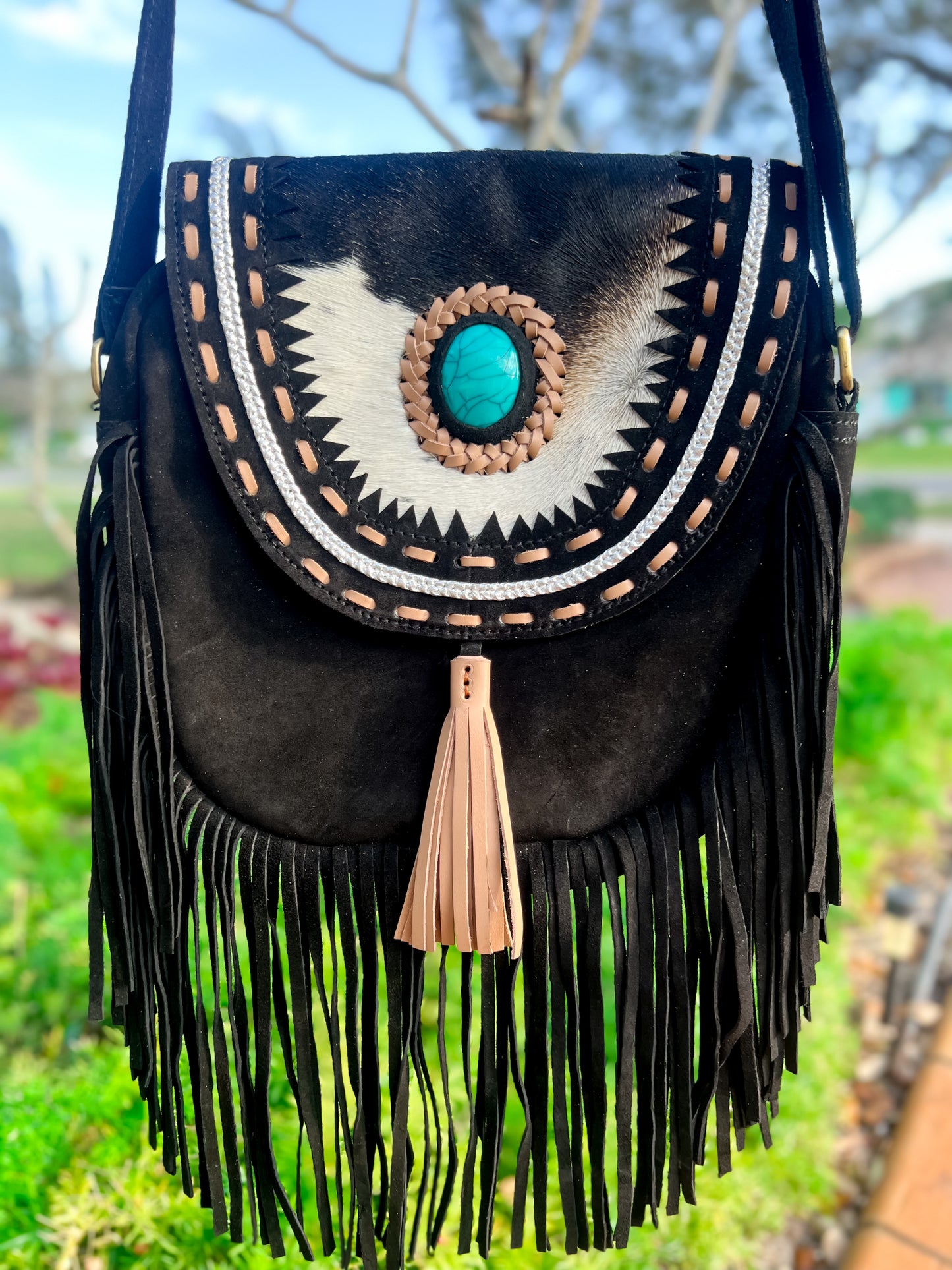 Suede fringed and stitched satchel in black