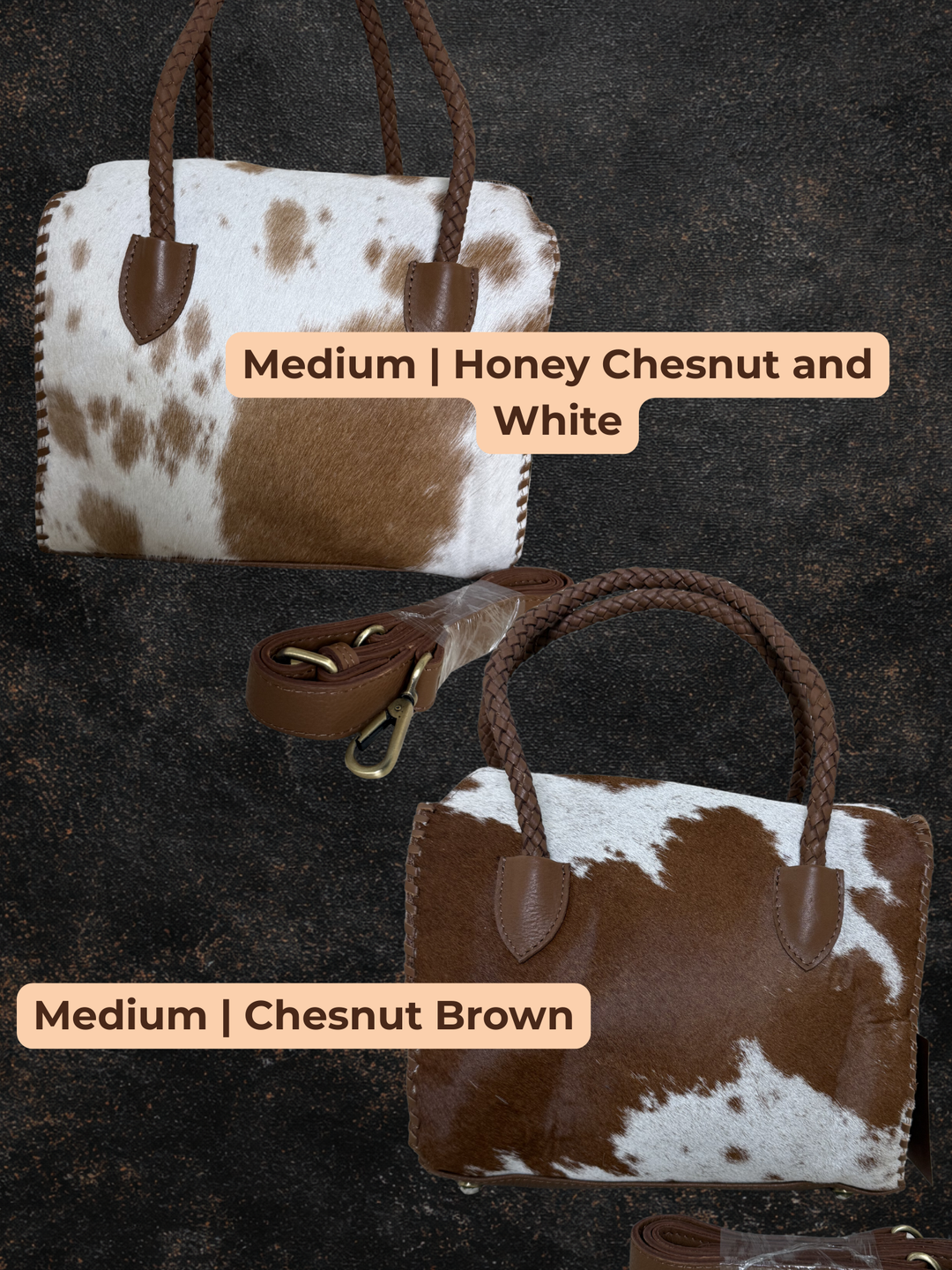 Soft & Strong™ Cowhide Satchel | Caramel & White Genuine Hair-On Hide Leather Handbag