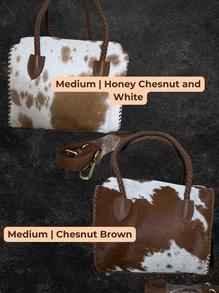 Soft & Strong™ Cowhide Satchel | Caramel & White Genuine Hair-On Hide Leather Handbag