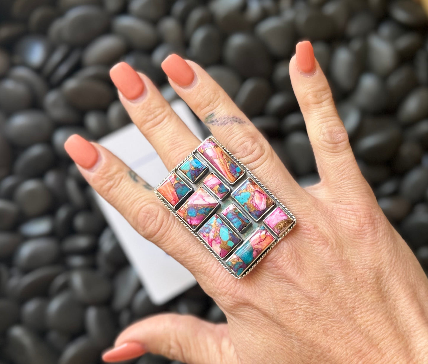 “Ace’s Wild” Adjustable Mojave Turquoise Spiny Oyster Ring