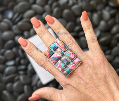 “Ace’s Wild” Adjustable Mojave Turquoise Spiny Oyster Ring