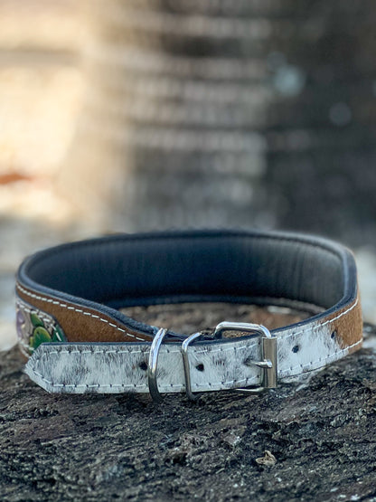 DESERT WANDERER (L) hand tooled painted leather and cowhide dog collar