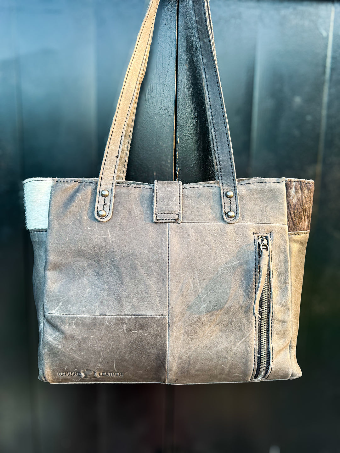 Vintage Vibe Black Leather Concealed Carry Purse with Hair-on Cowhide & Tooled Leather | Right-Hand CCW Tote