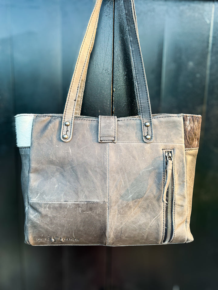 Vintage Vibe Black Leather Concealed Carry Purse with Hair-on Cowhide & Tooled Leather | Right-Hand CCW Tote