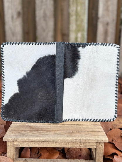 Black Leather & Cowhide Bible Cover – Handmade Western Book Sleeve for Large Bibles & Journals